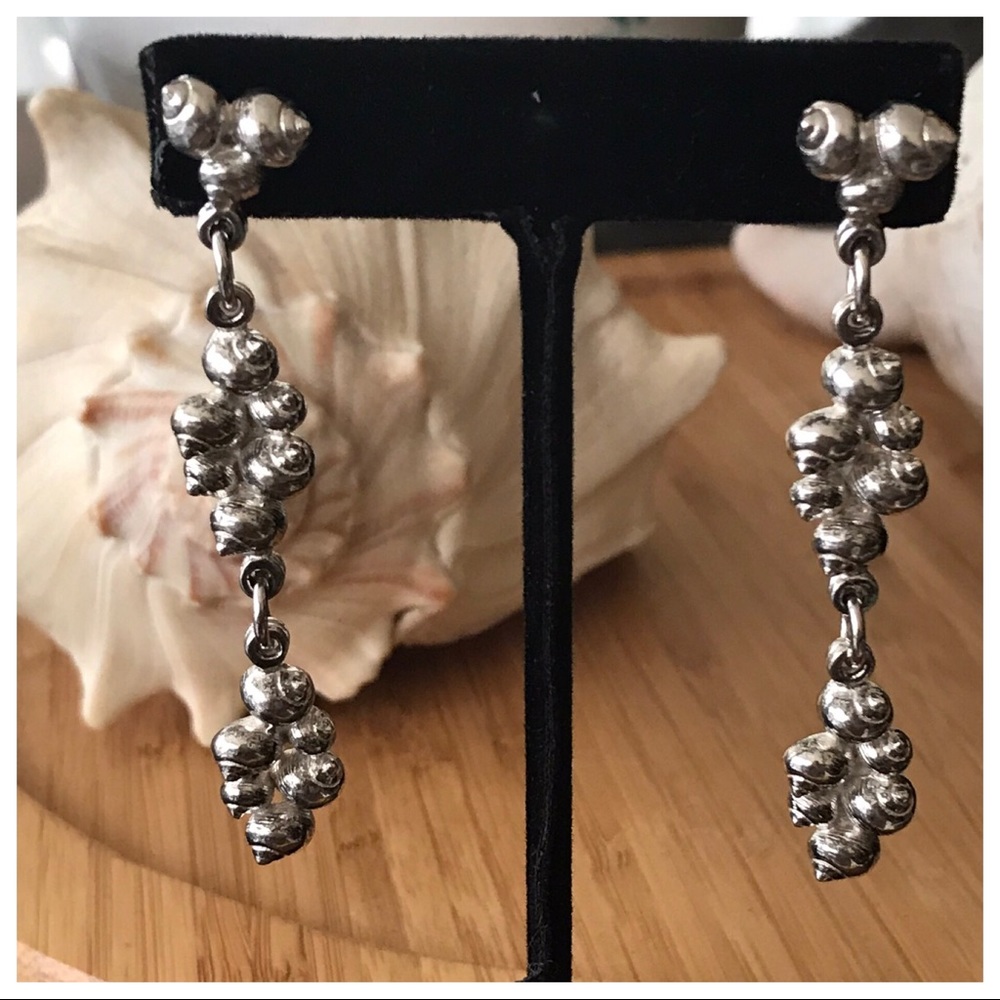 Vintage Sterling Seashell Earrings 2 3/4” Long
